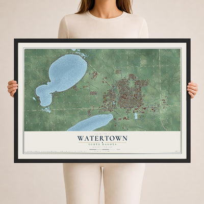 Map of Watertown, South Dakota, 24 x 36 inch print in a black wood frame