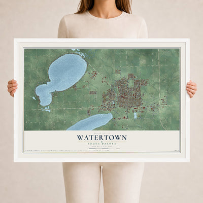 Map of Watertown, South Dakota, 24 x 36 inch print in a white wood frame
