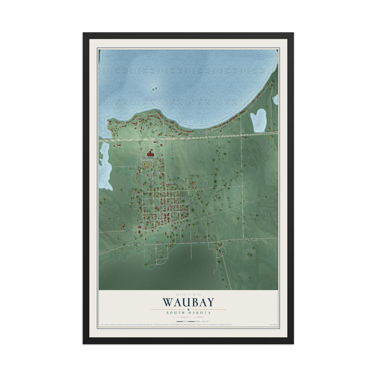 Map of Waubay, South Dakota, 12 x 18 inch print in a black wood frame