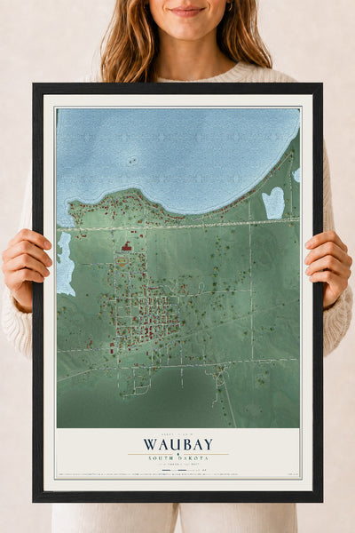 Map of Waubay, South Dakota, 18 x 24 inch print in a black wood frame
