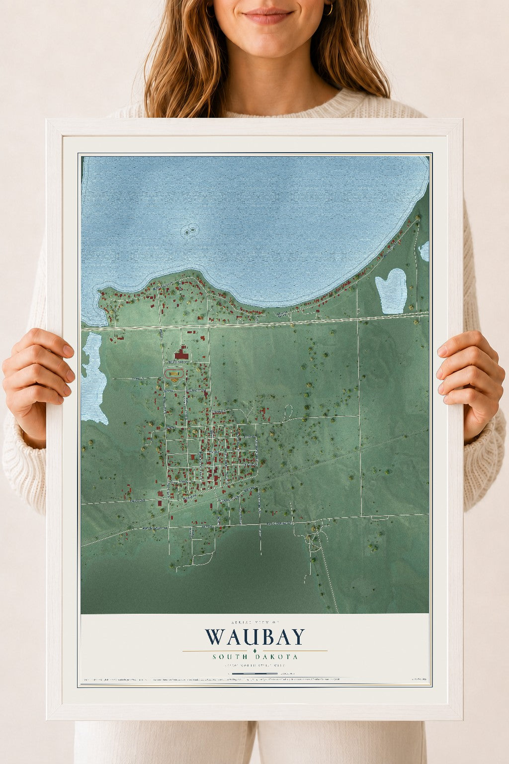 Map of Waubay, South Dakota, 18 x 24 inch print in a white wood frame