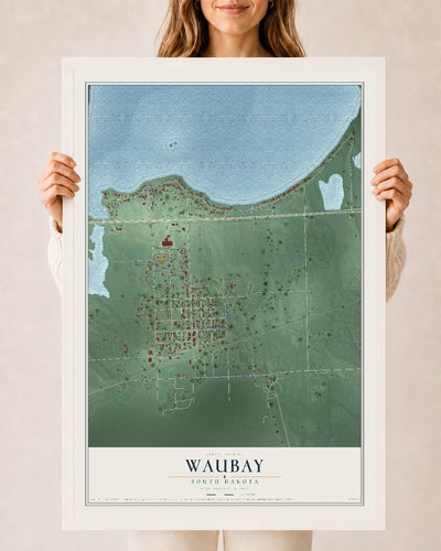 Map of Waubay, South Dakota, 24 x 36 inch print in a white wood frame