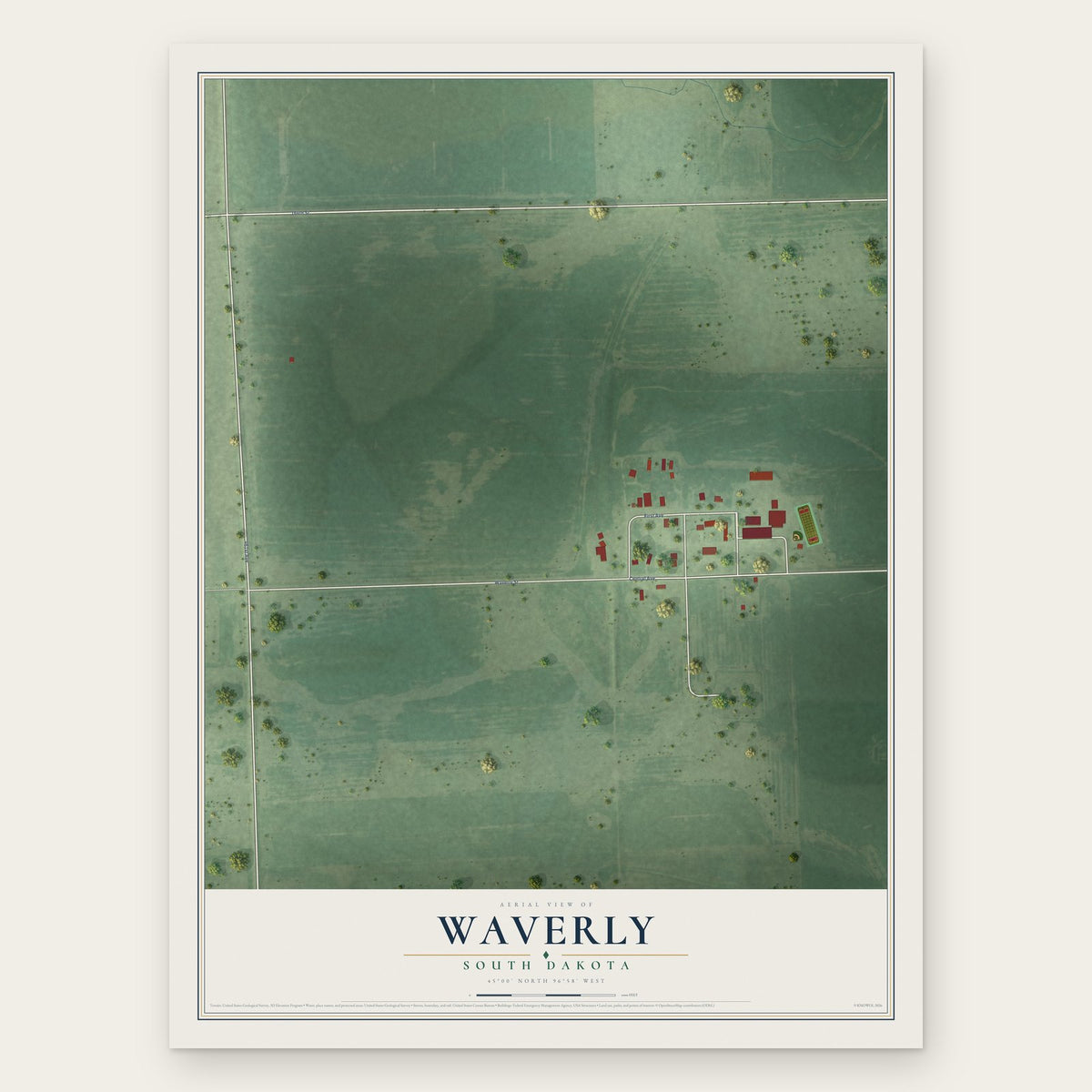 Waverly, South Dakota map print, the full design