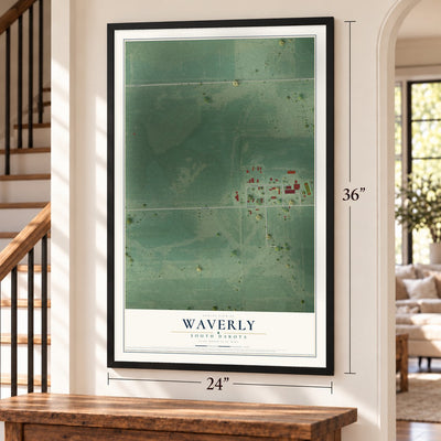 Waverly, South Dakota map, 24 x 36 inch print in a black frame by a staircase