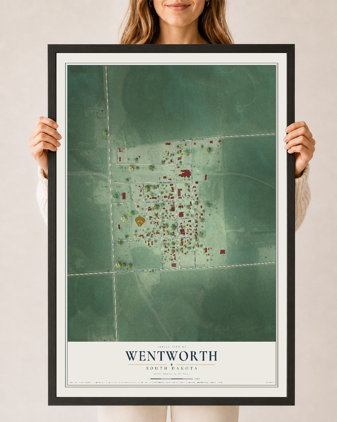 Map of Wentworth, South Dakota, 24 x 36 inch print in a black wood frame