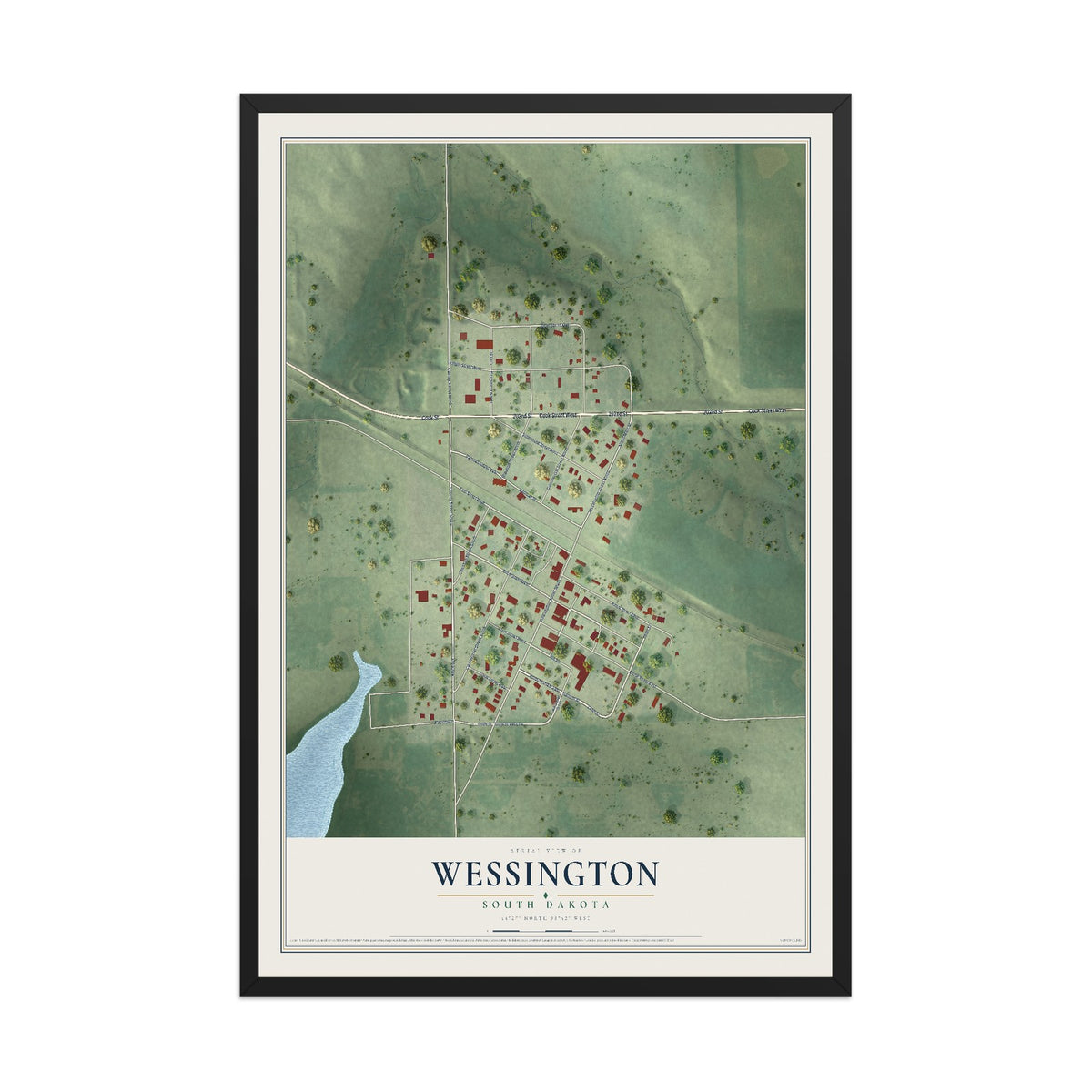 Map of Wessington, South Dakota, 12 x 18 inch print in a black wood frame