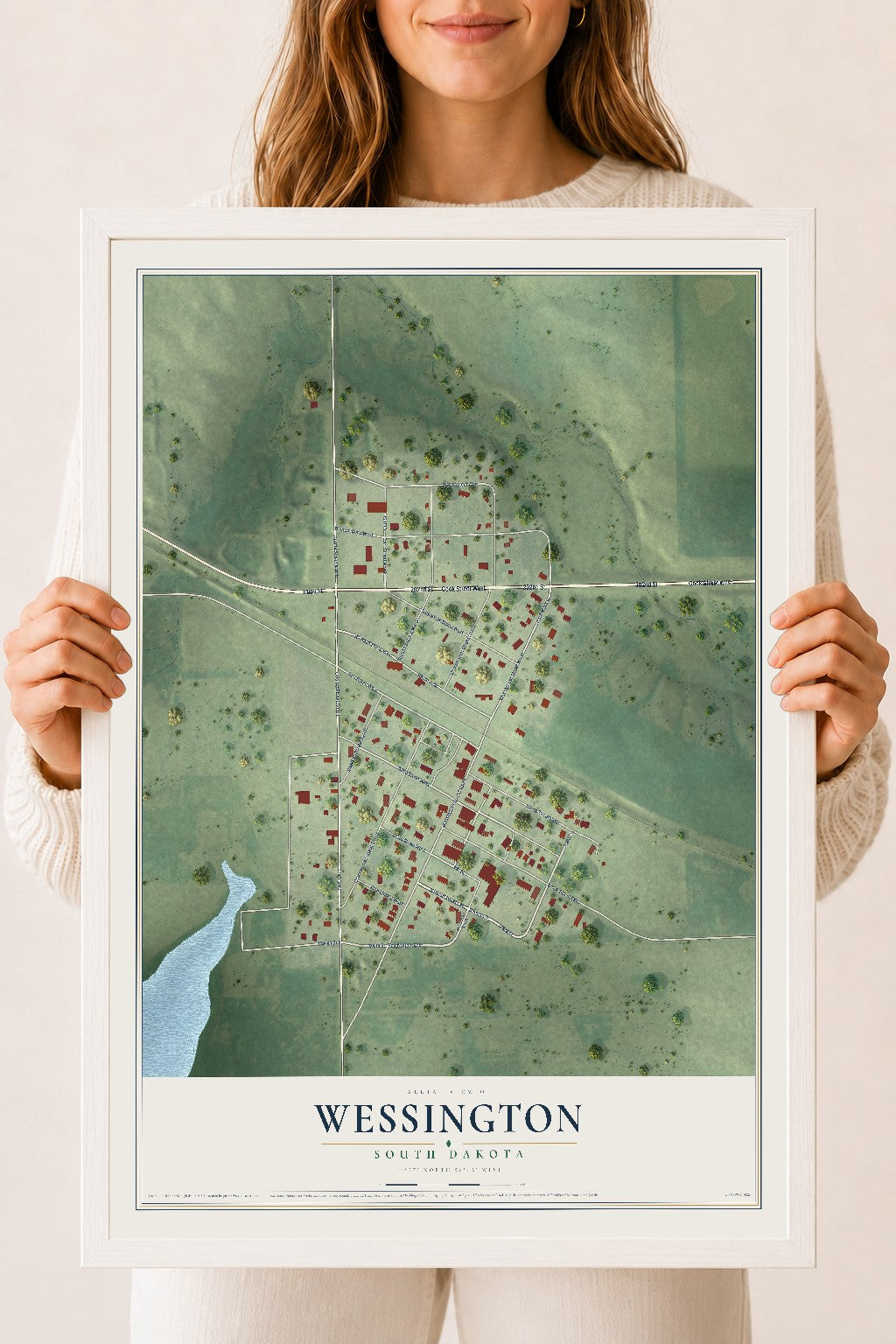 Map of Wessington, South Dakota, 18 x 24 inch print in a white wood frame