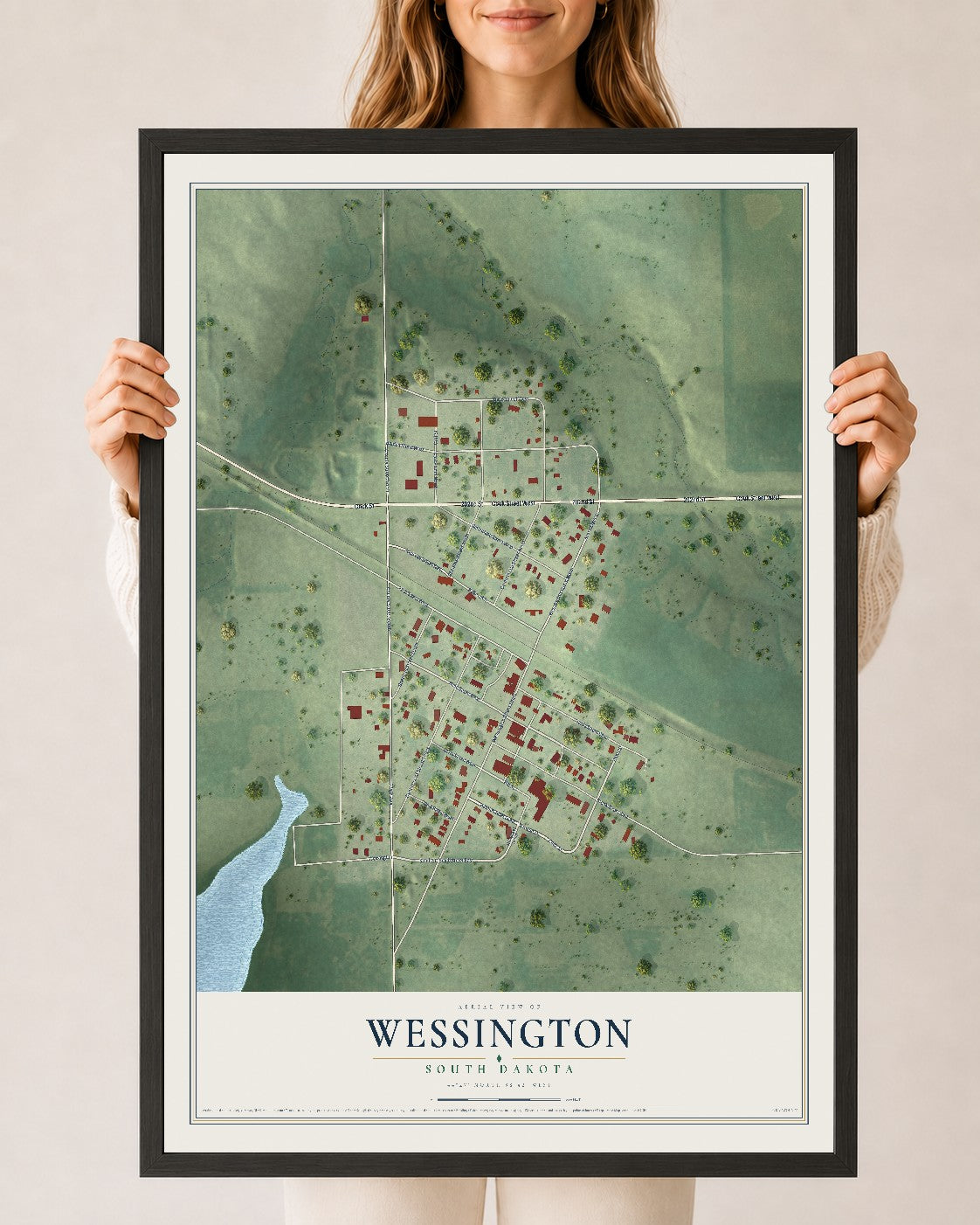 Map of Wessington, South Dakota, 24 x 36 inch print in a black wood frame