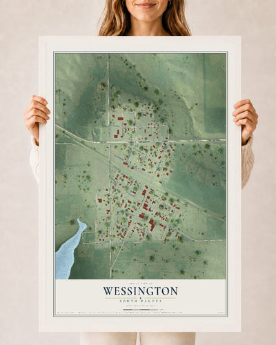 Map of Wessington, South Dakota, 24 x 36 inch print in a white wood frame