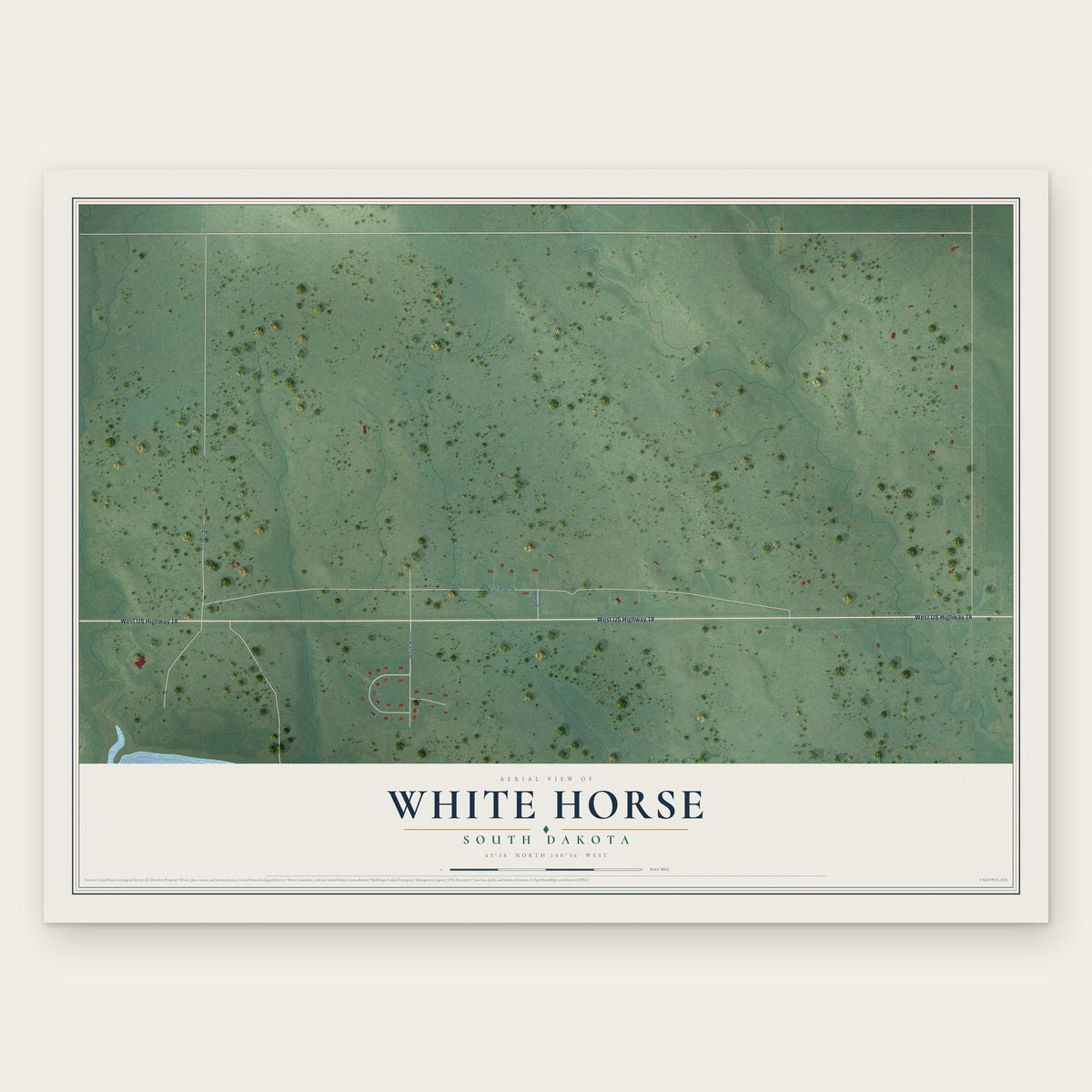 White Horse, South Dakota map print, the full design