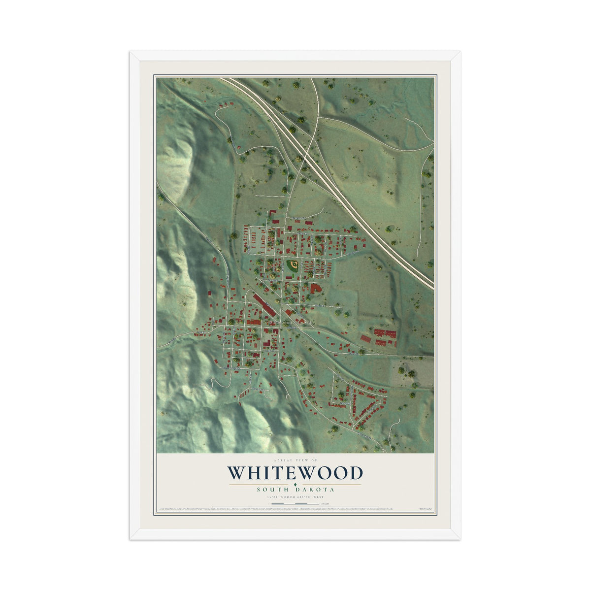 Map of Whitewood, South Dakota, 12 x 18 inch print in a white wood frame