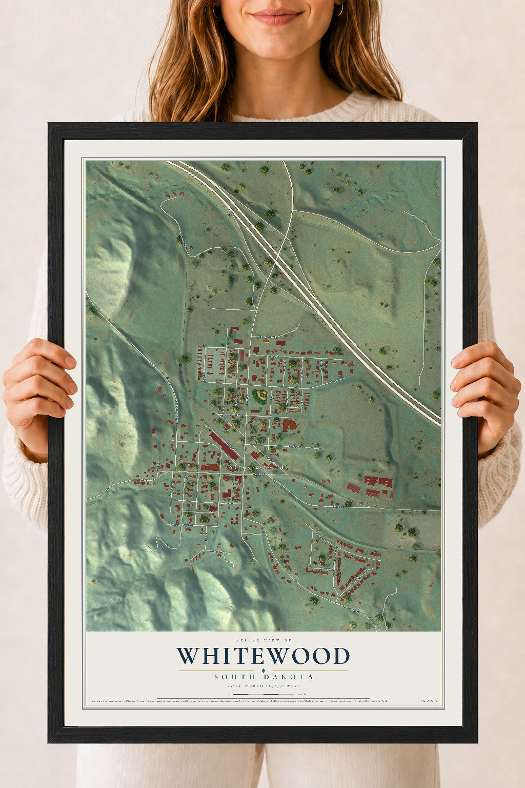 Map of Whitewood, South Dakota, 18 x 24 inch print in a black wood frame