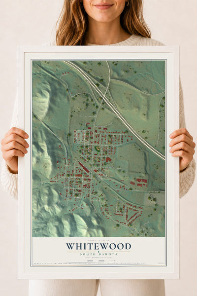 Map of Whitewood, South Dakota, 18 x 24 inch print in a white wood frame
