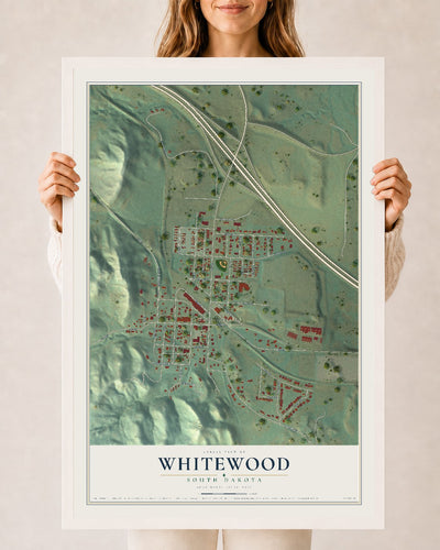 Map of Whitewood, South Dakota, 24 x 36 inch print in a white wood frame