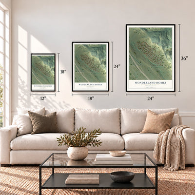Wonderland Homes, South Dakota map in 12 x 18, 18 x 24 and 24 x 36 inch sizes above a sofa