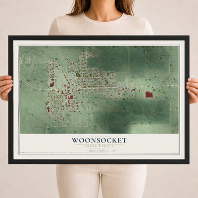Map of Woonsocket, South Dakota, 18 x 24 inch print in a black wood frame