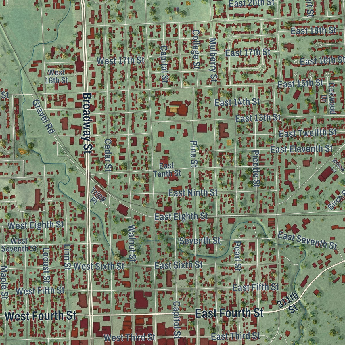 Close-up of the map of Yankton, South Dakota print showing street and building detail