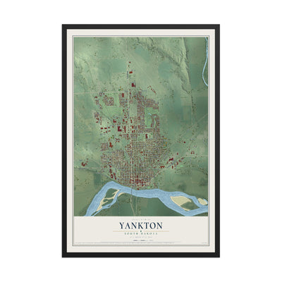 Map of Yankton, South Dakota, 12 x 18 inch print in a black wood frame