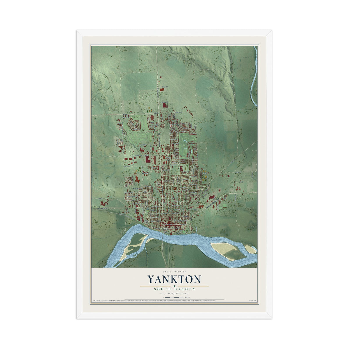 Map of Yankton, South Dakota, 12 x 18 inch print in a white wood frame