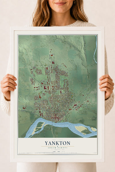 Map of Yankton, South Dakota, 18 x 24 inch print in a white wood frame