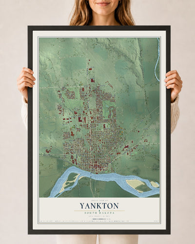 Map of Yankton, South Dakota, 24 x 36 inch print in a black wood frame