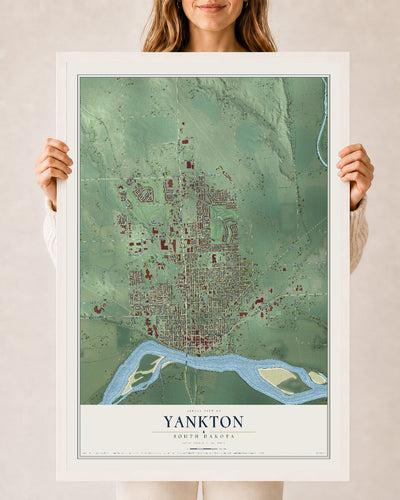 Map of Yankton, South Dakota, 24 x 36 inch print in a white wood frame