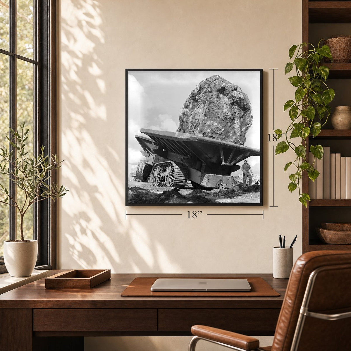 A 30-Ton Boulder for Guam's Seawall, 1945, 18 x 18 inch vintage photo print in a black frame in a home office