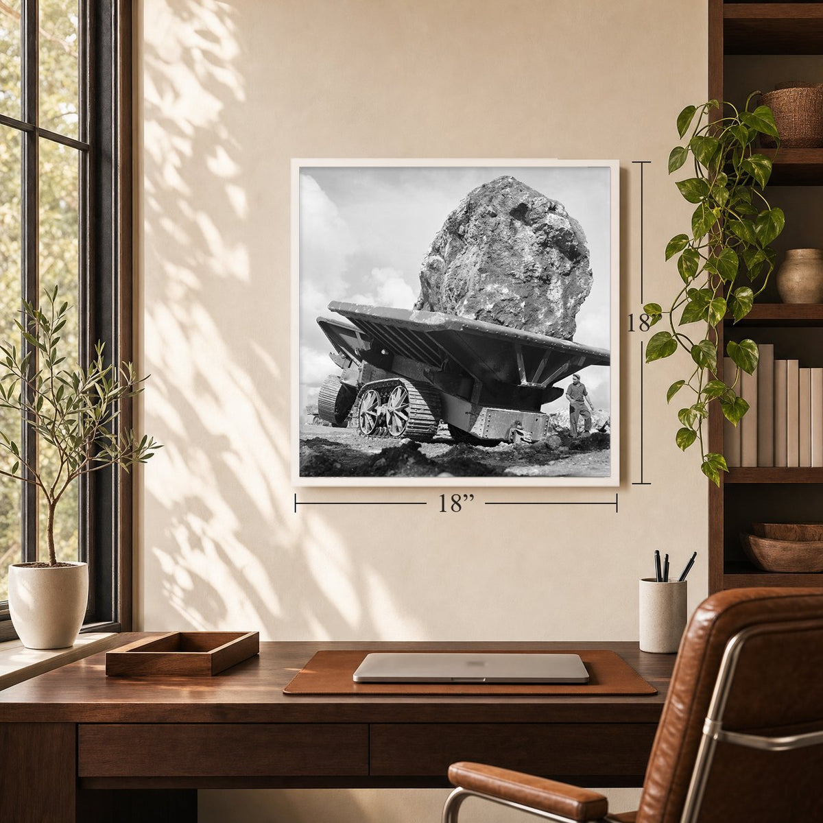A 30-Ton Boulder for Guam's Seawall, 1945, 18 x 18 inch vintage photo print in a white frame in a home office