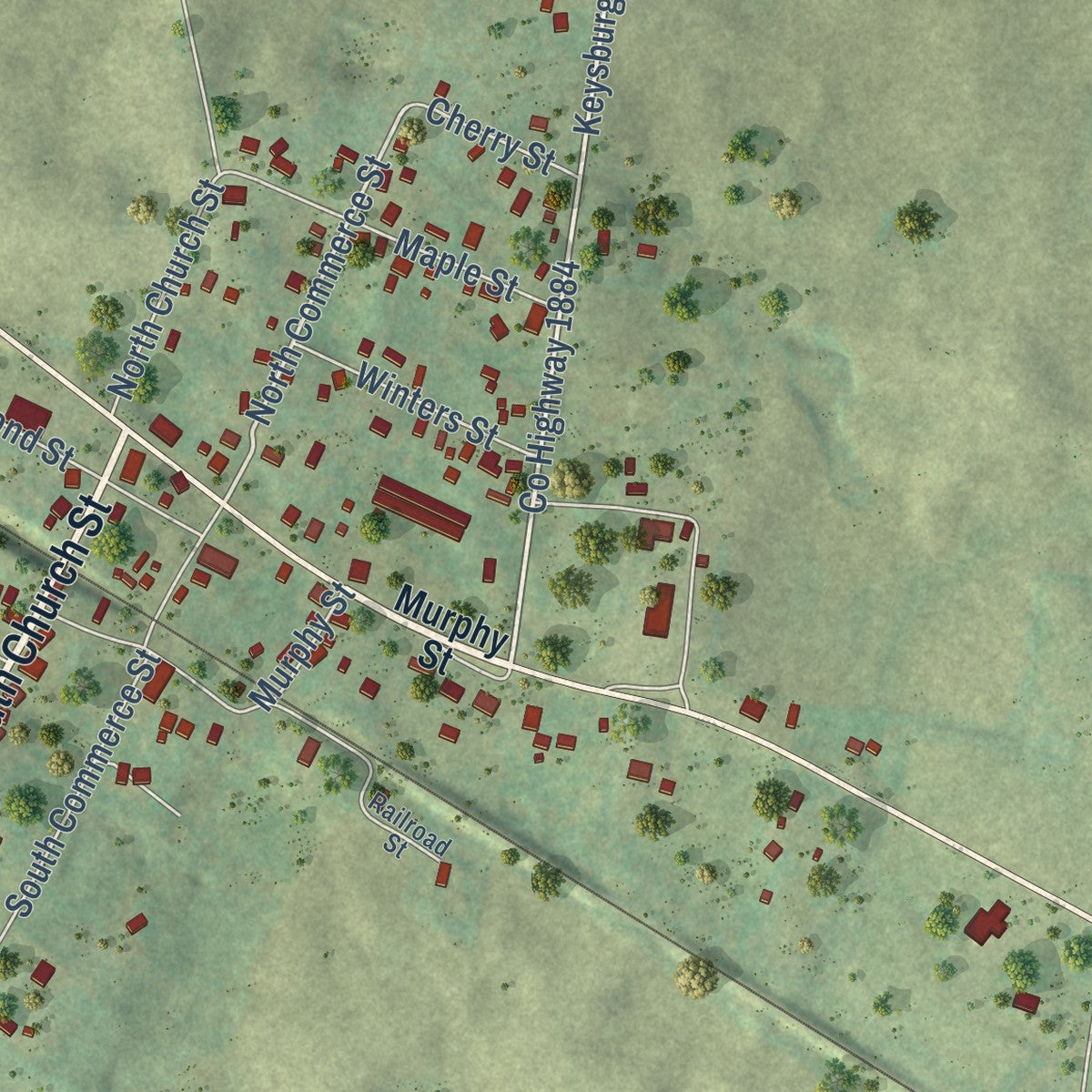 Close-up of the map of Adams, Tennessee print showing street and building detail