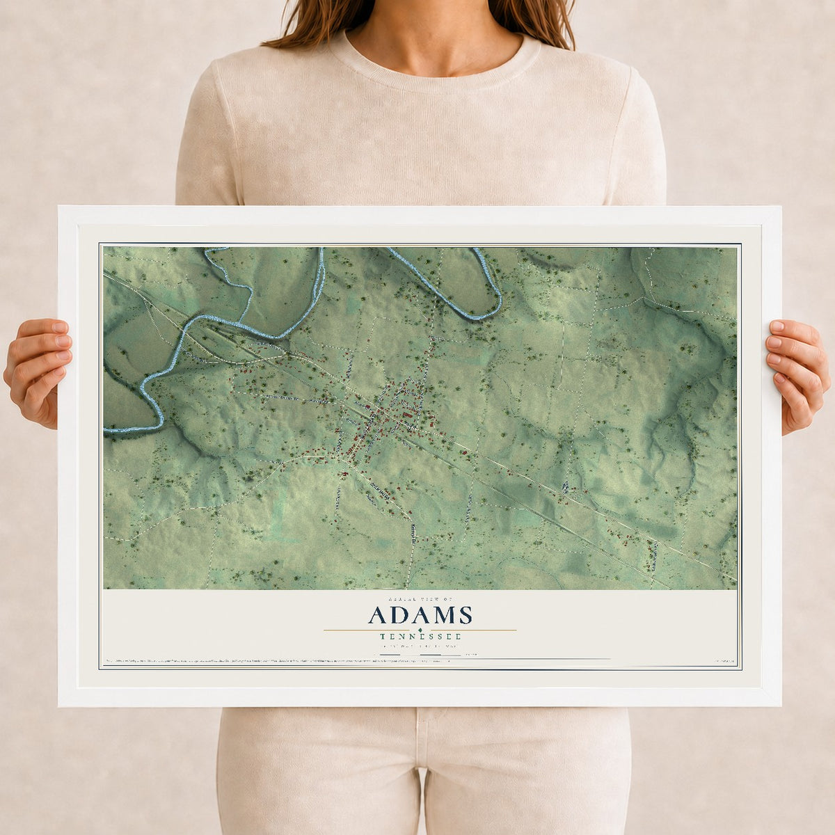 Map of Adams, Tennessee, 12 x 18 inch print in a white wood frame