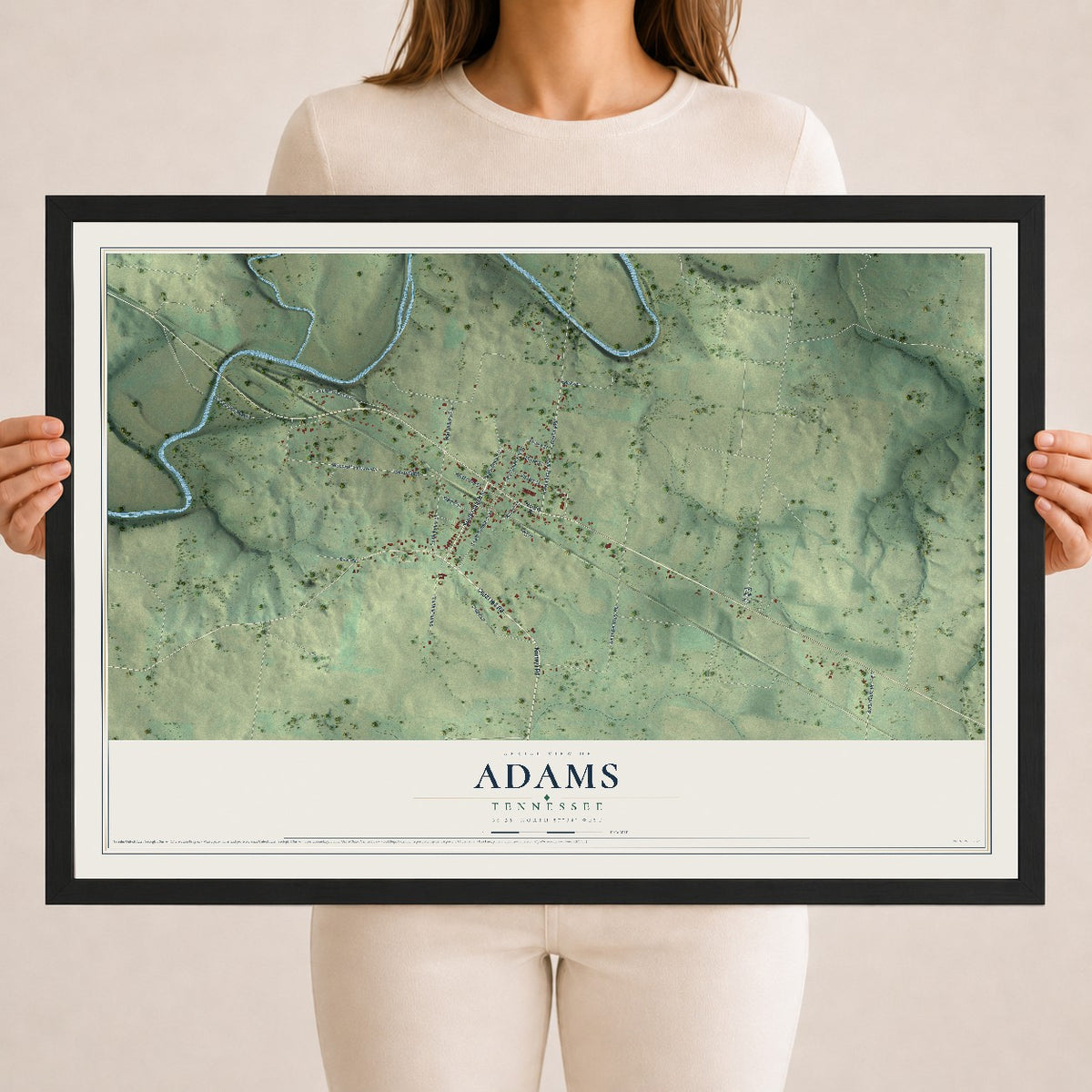 Map of Adams, Tennessee, 18 x 24 inch print in a black wood frame