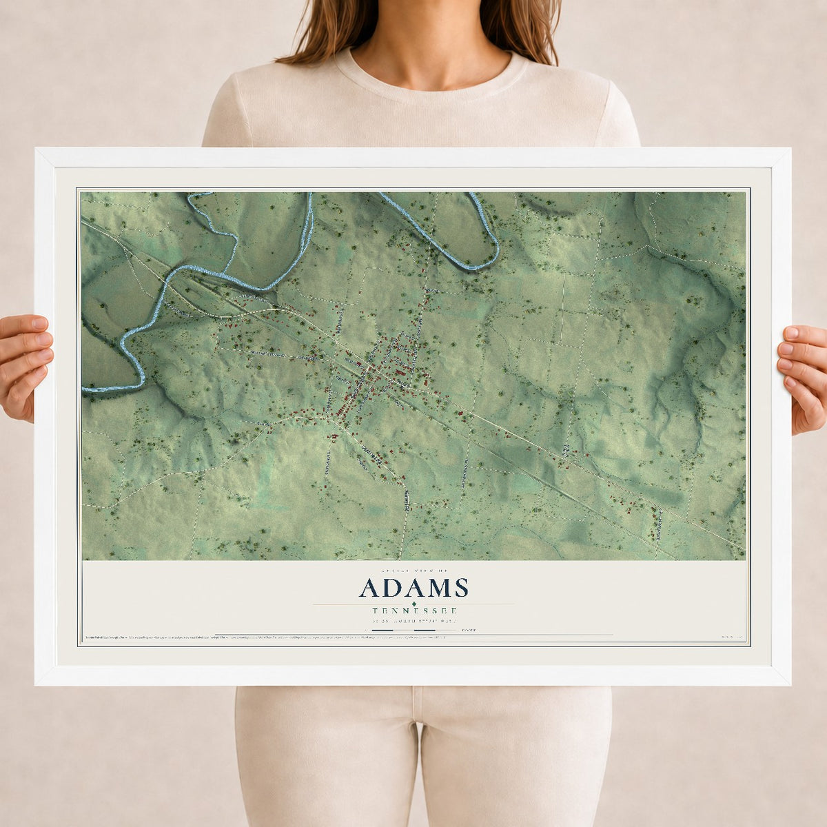 Map of Adams, Tennessee, 18 x 24 inch print in a white wood frame