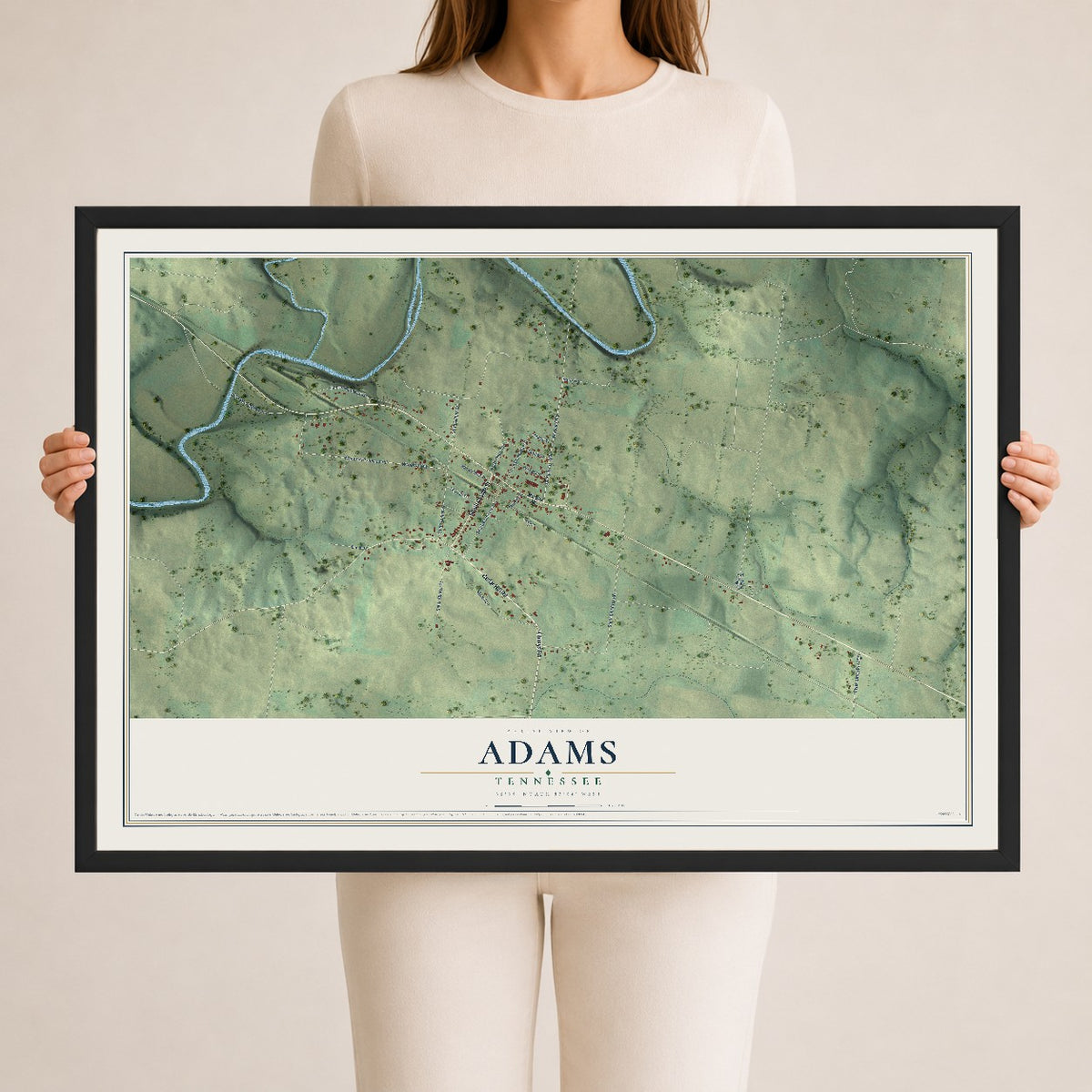 Map of Adams, Tennessee, 24 x 36 inch print in a black wood frame