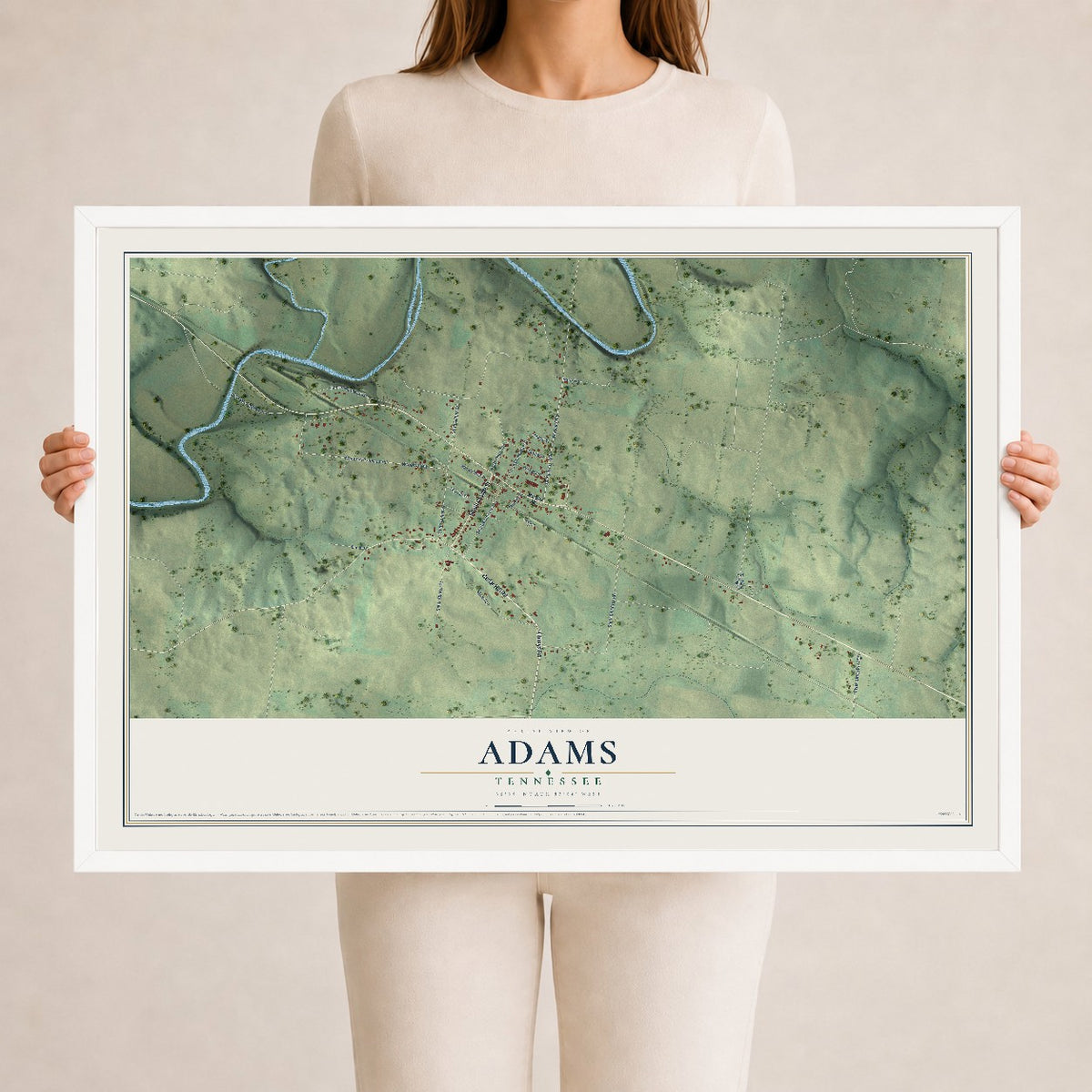 Map of Adams, Tennessee, 24 x 36 inch print in a white wood frame
