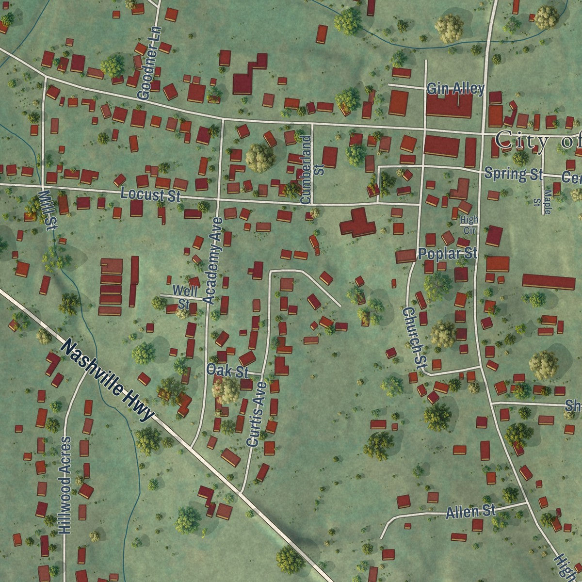 Close-up of the map of Alexandria, Tennessee print showing street and building detail