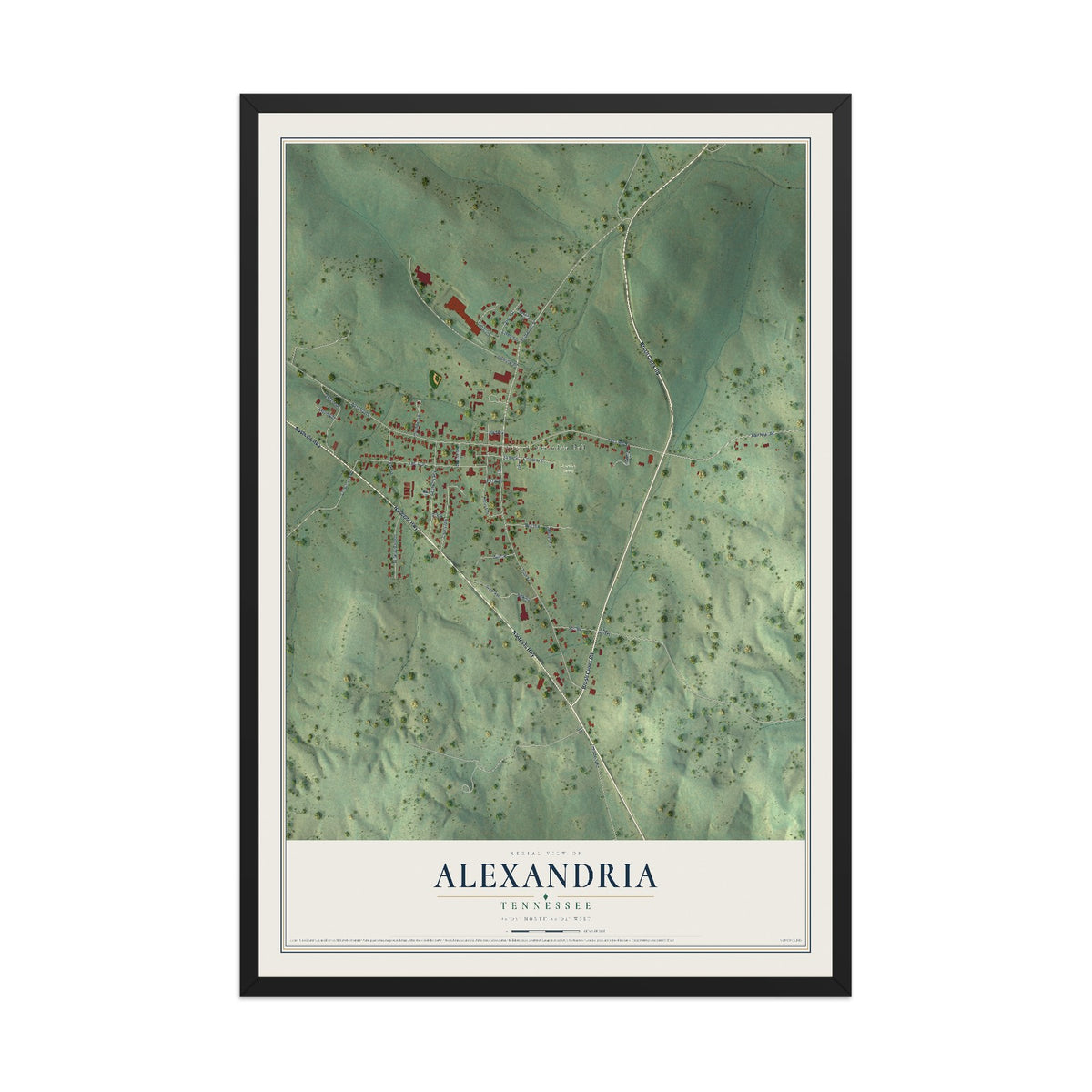 Map of Alexandria, Tennessee, 12 x 18 inch print in a black wood frame