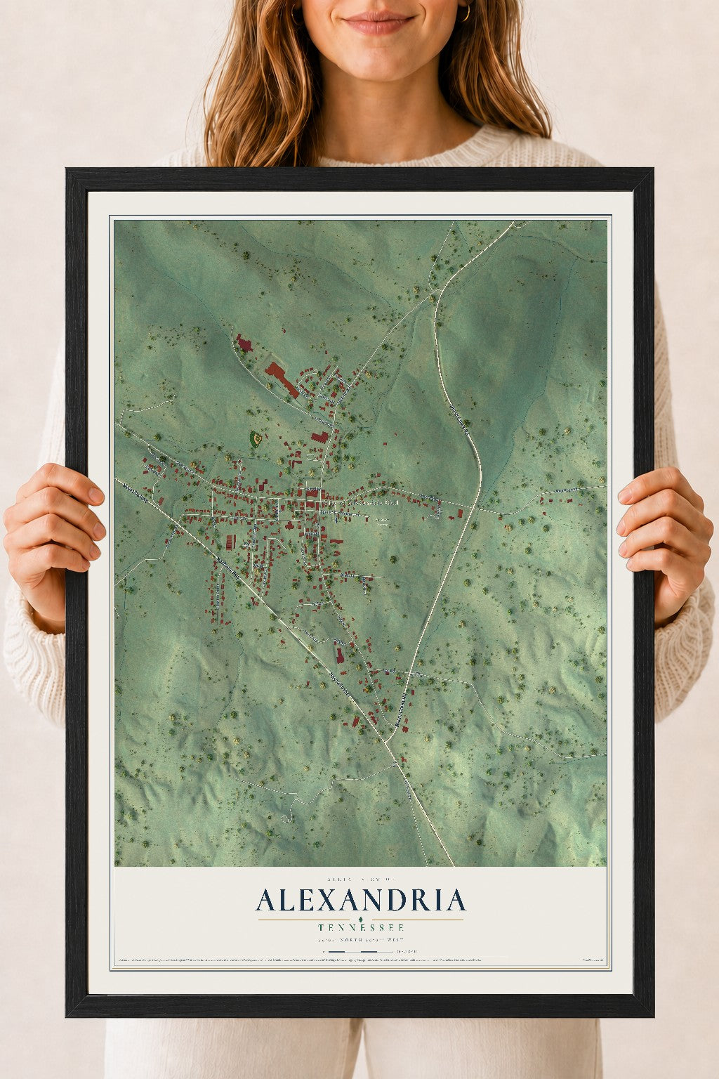 Map of Alexandria, Tennessee, 18 x 24 inch print in a black wood frame
