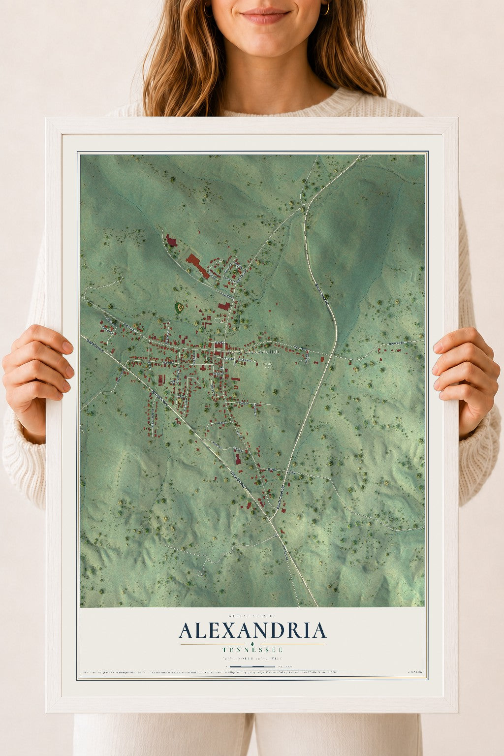 Map of Alexandria, Tennessee, 18 x 24 inch print in a white wood frame