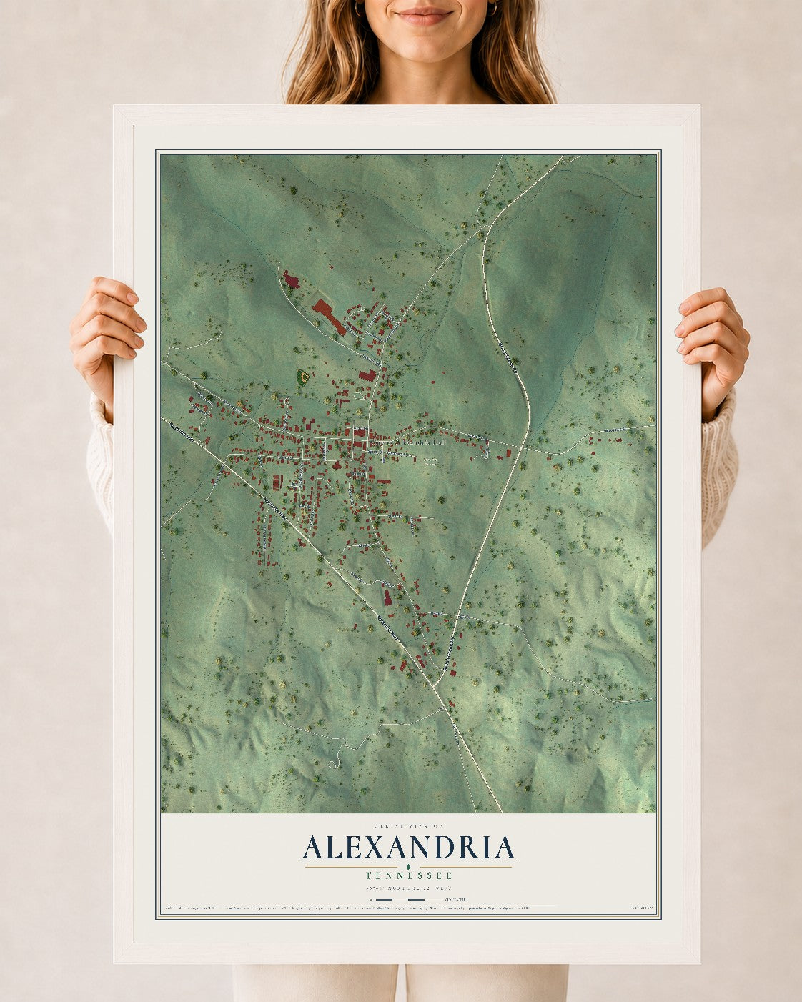 Map of Alexandria, Tennessee, 24 x 36 inch print in a white wood frame