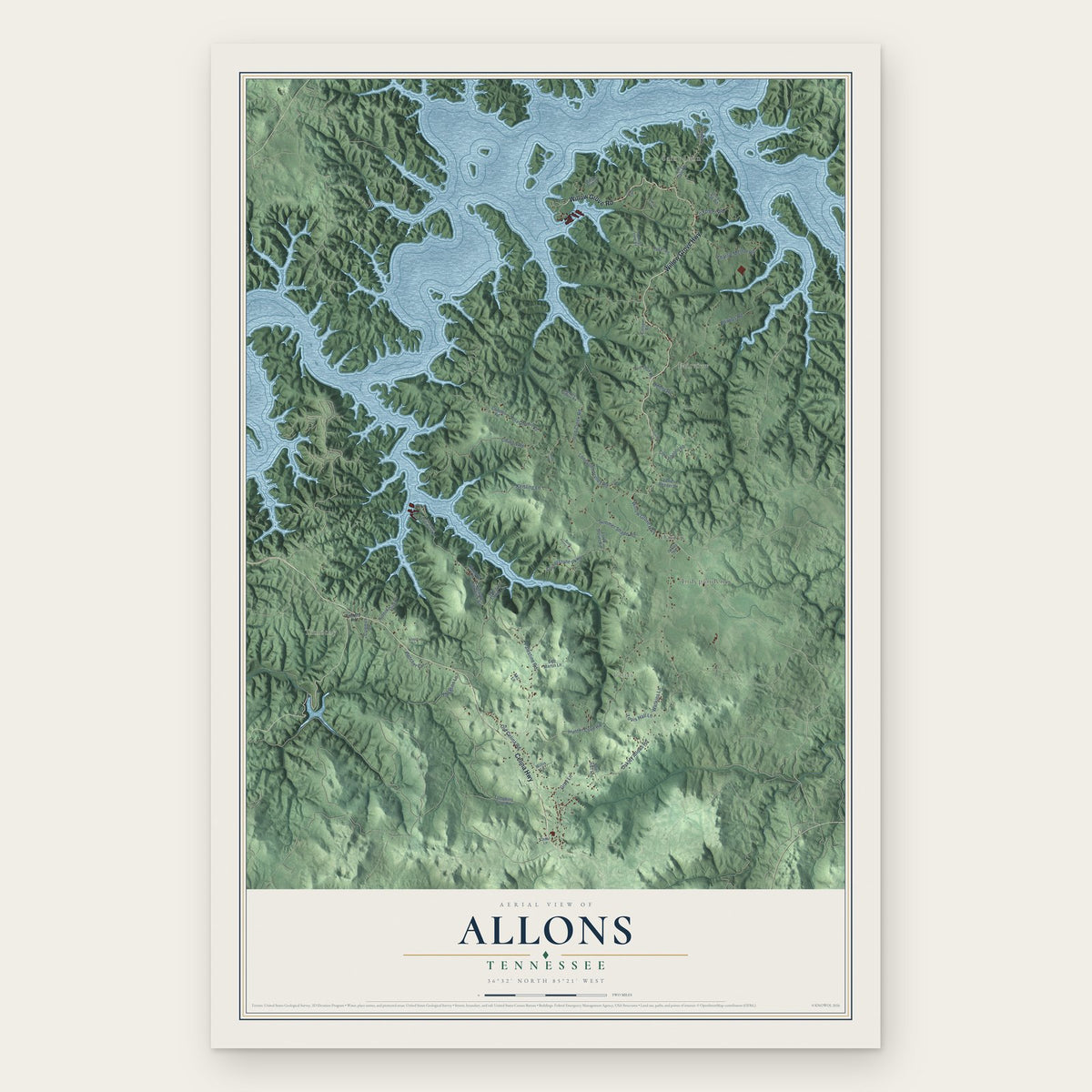 Allons, Tennessee map print, the full design