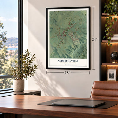 Andersonville, Tennessee map, 18 x 24 inch print in a black frame in a home office