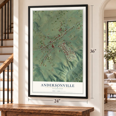 Andersonville, Tennessee map, 24 x 36 inch print in a black frame by a staircase
