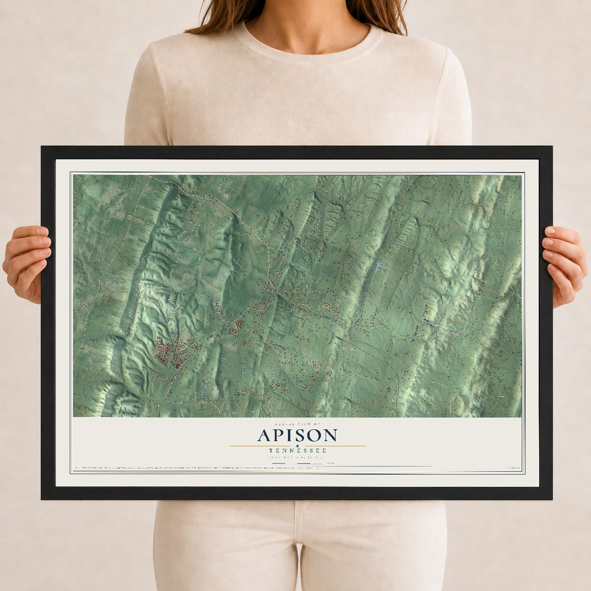 Map of Apison, Tennessee, 12 x 18 inch print in a black wood frame