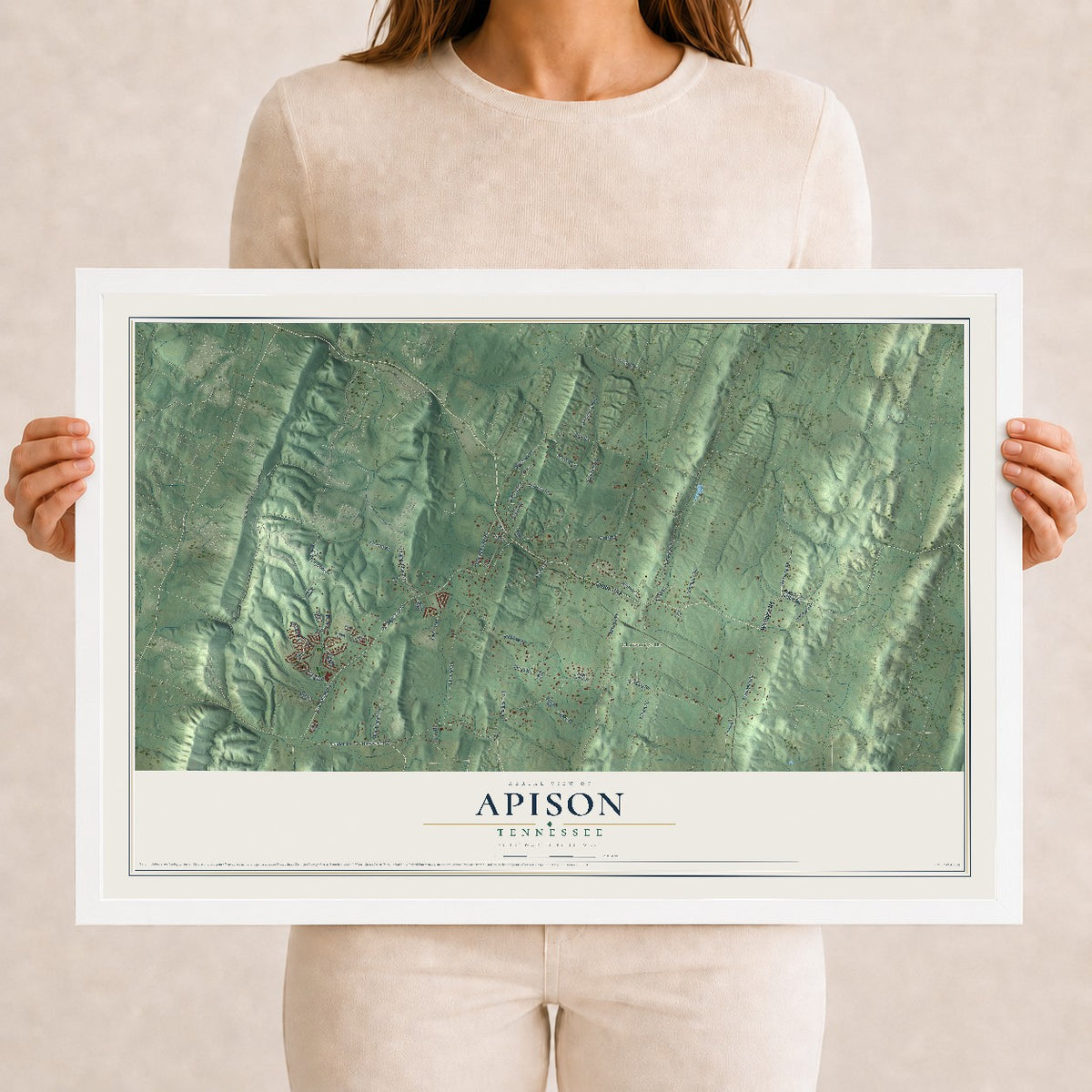 Map of Apison, Tennessee, 12 x 18 inch print in a white wood frame
