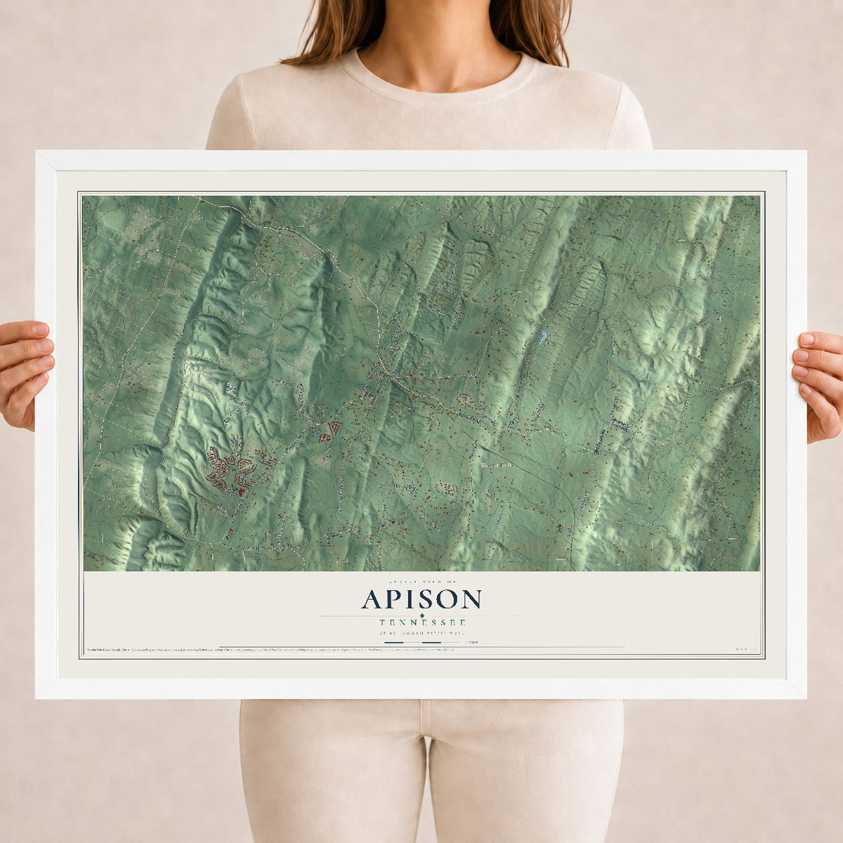 Map of Apison, Tennessee, 18 x 24 inch print in a white wood frame
