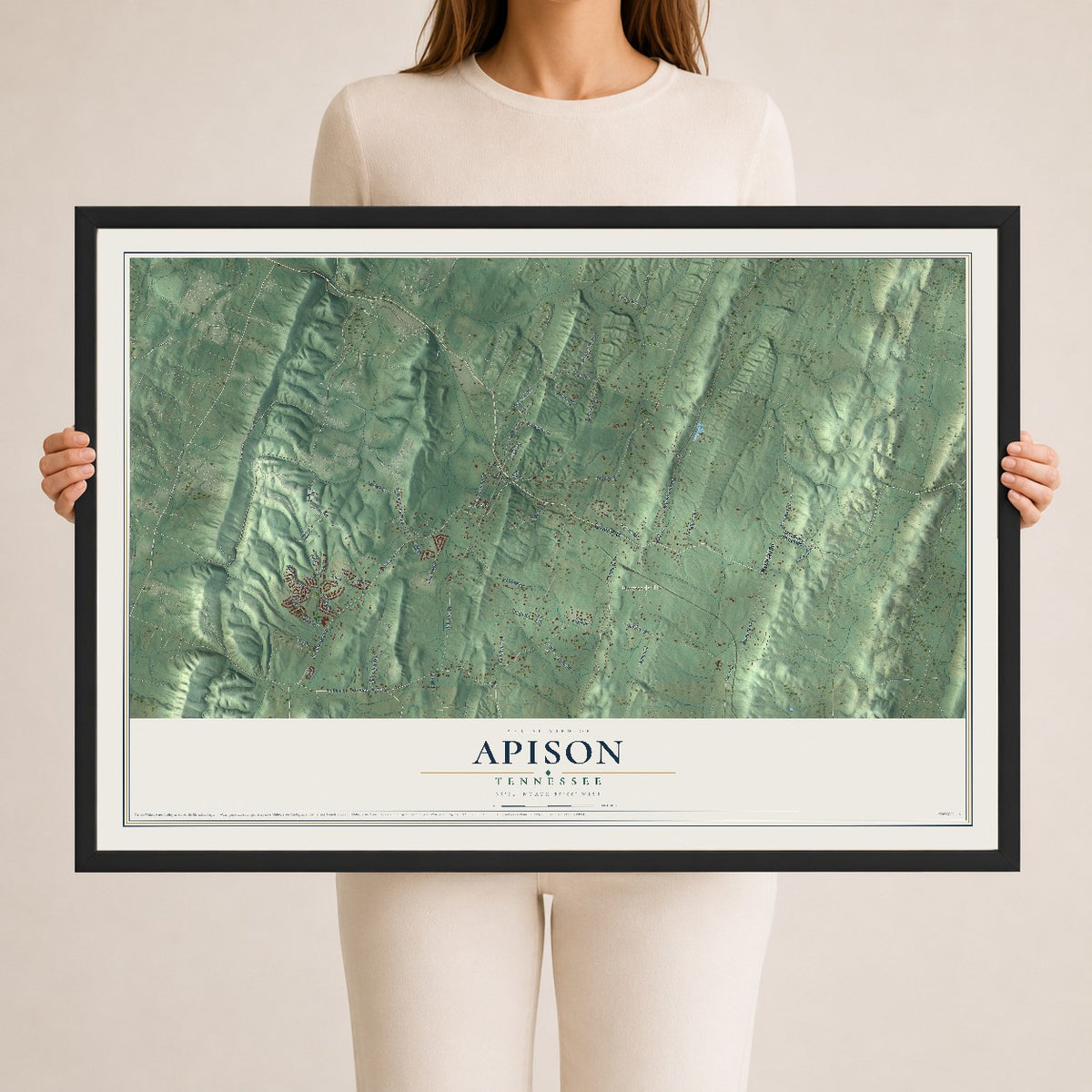 Map of Apison, Tennessee, 24 x 36 inch print in a black wood frame