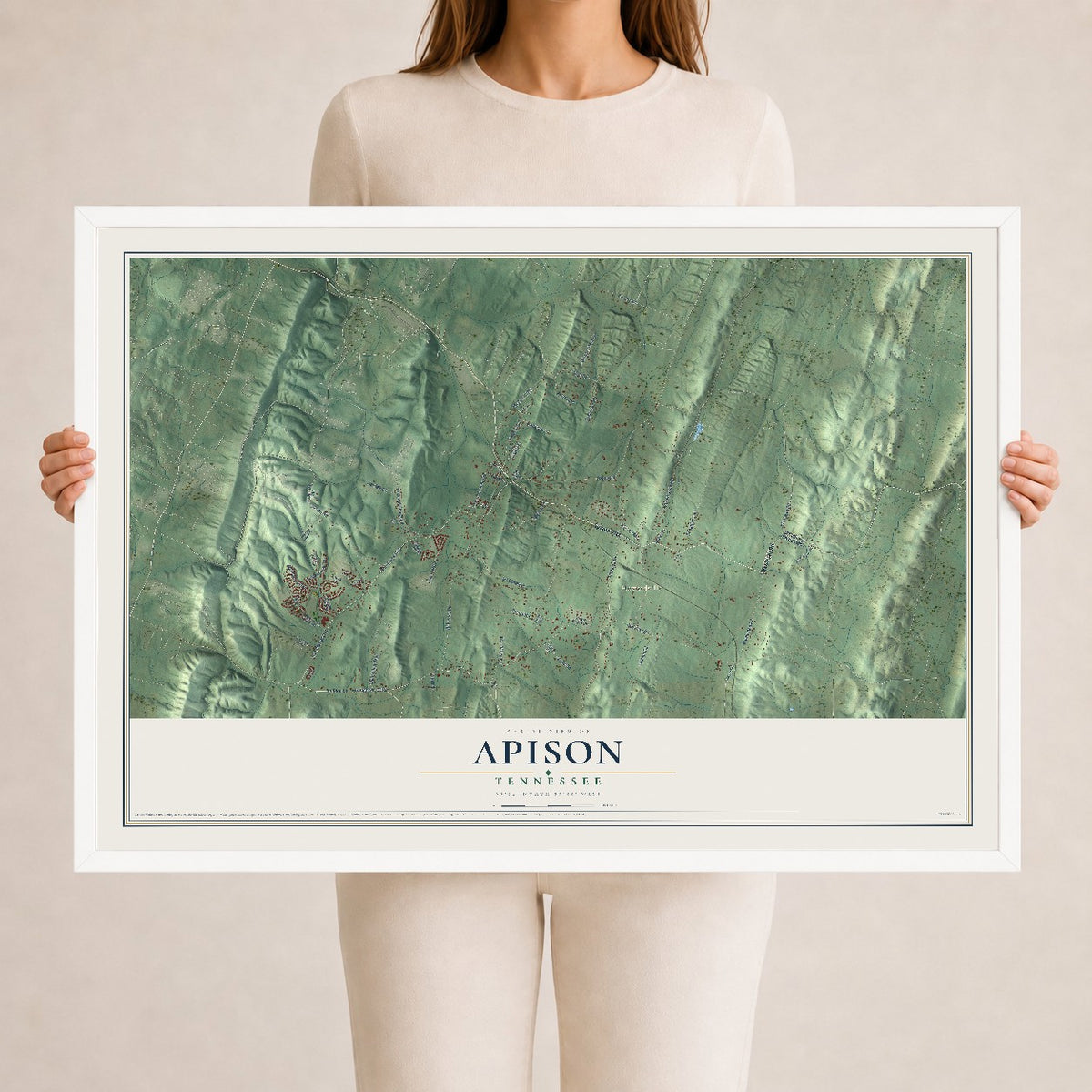 Map of Apison, Tennessee, 24 x 36 inch print in a white wood frame