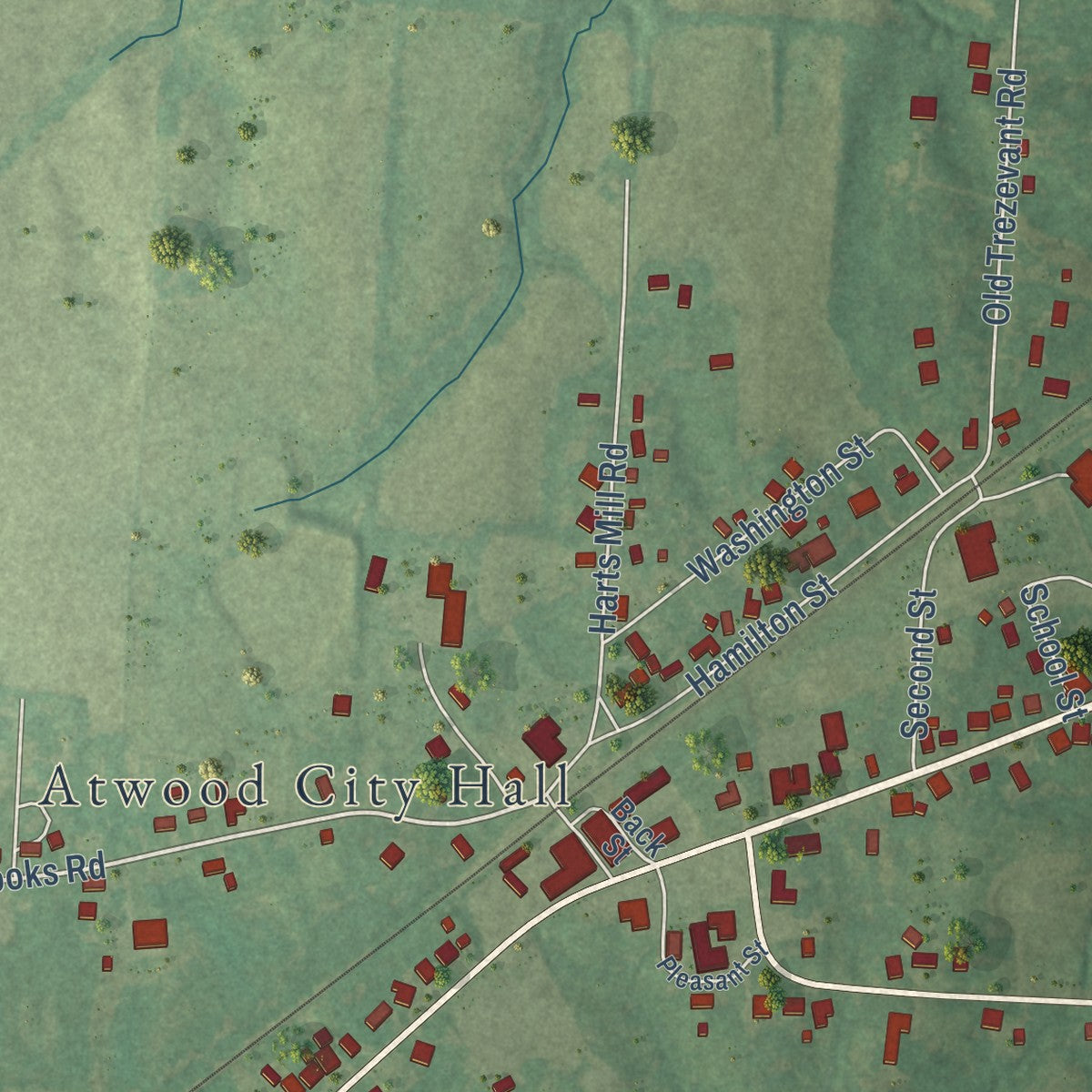 Close-up of the map of Atwood, Tennessee print showing street and building detail