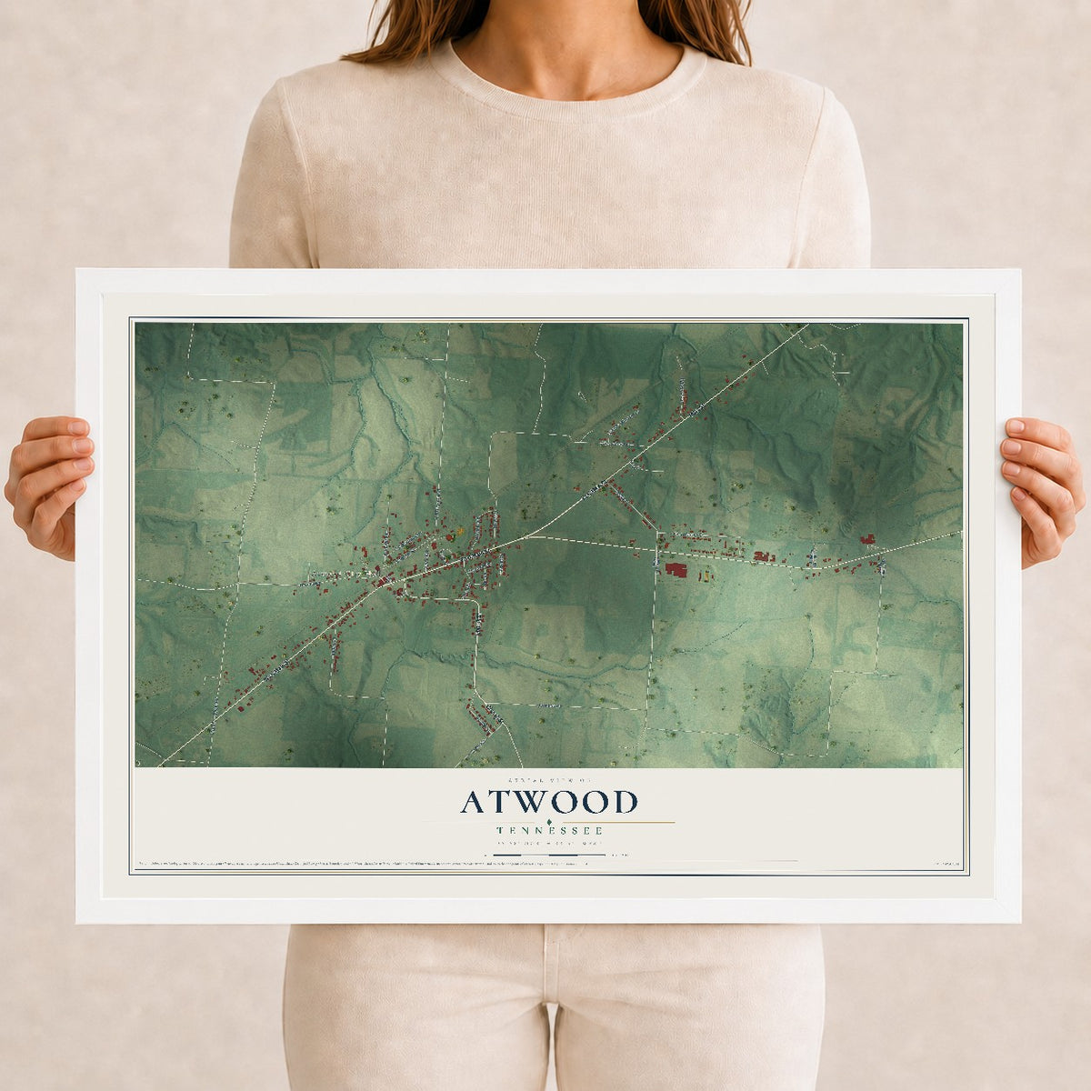 Map of Atwood, Tennessee, 12 x 18 inch print in a white wood frame