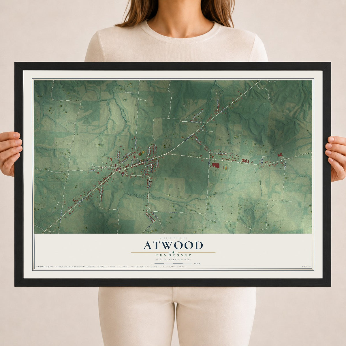 Map of Atwood, Tennessee, 18 x 24 inch print in a black wood frame
